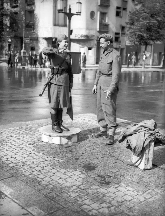 Framed Print : A spot of fraternising between a Russian army girl on traffic duty Framed Print : A spot of fraternising between a Russian army girl on traffic duty