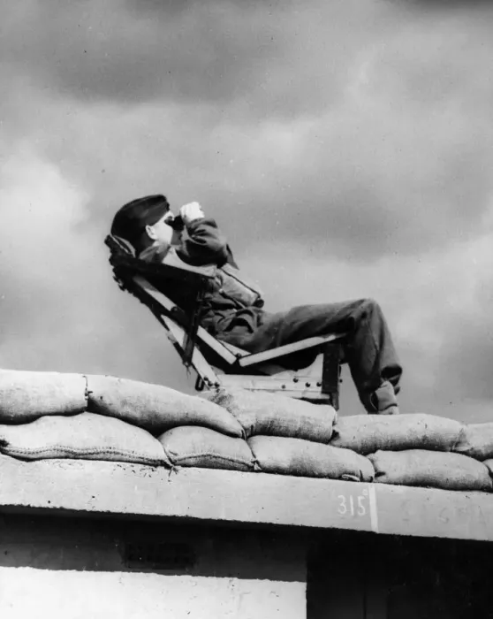 Framed Print : A spotter (air-sentry) on duty as part of Britains anti-aircraft defences
