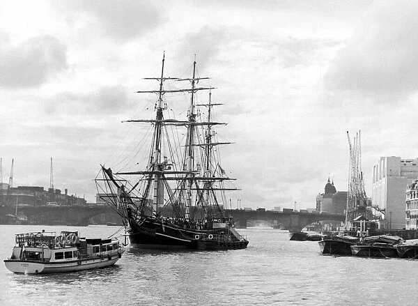 The square-rigged ship Bounty, 480 tons, moored near Tower Stairs Pier, London