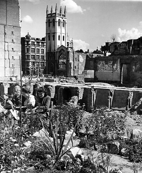 St Alban Church, Wood Street, damaged by bombing in the blitz in 1940. September 1943