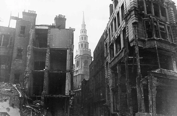 St Brides Church on Fleet Street, London, and its surroundings damaged in The Blitz