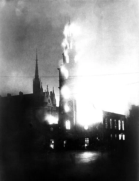 St Clement Danes in the Strand London on fire during Blitz during WW2. May 1941