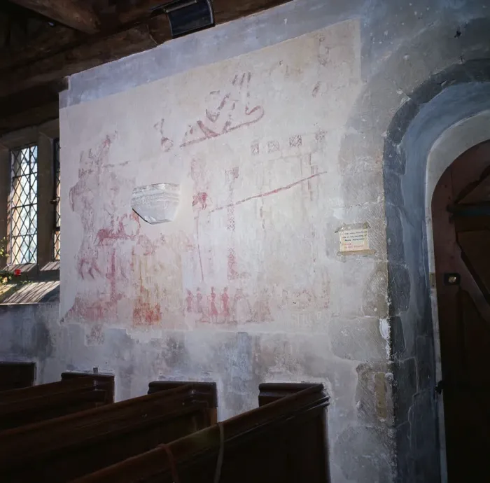 Framed Print : St. Nicholas Church, Pyrford, Surrey. Original frescoes uncovered during renovations Framed Print : St. Nicholas Church, Pyrford, Surrey. Original frescoes uncovered during renovations