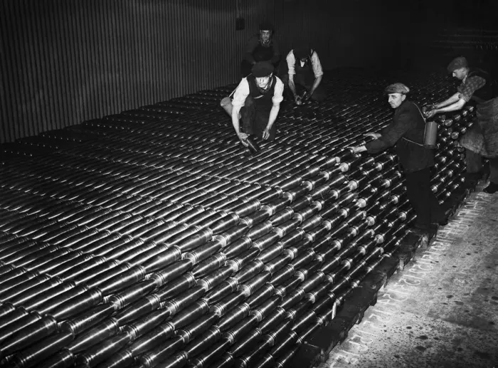 Framed Print : Stacking shells for anti-aircraft guns in a midland shell factory. 4th October 1939 Framed Print : Stacking shells for anti-aircraft guns in a midland shell factory. 4th October 1939