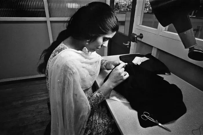 Framed Print : Staff at work at Burton the Tailors, Leeds. Harjit Kaur fine drawing. 13th December 1967 Framed Print : Staff at work at Burton the Tailors, Leeds. Harjit Kaur fine drawing. 13th December 1967