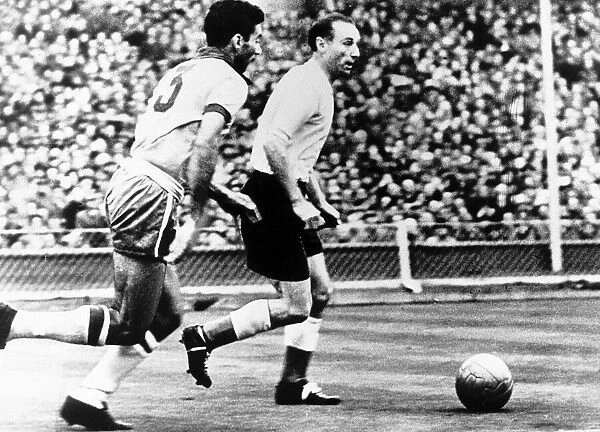 Stanley Matthews in action for England against Brazil at Wembley. 9th May 1956