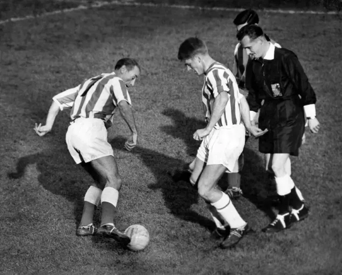 Framed Print : Stanley Matthews returns to Stoke. Front row view for the ref