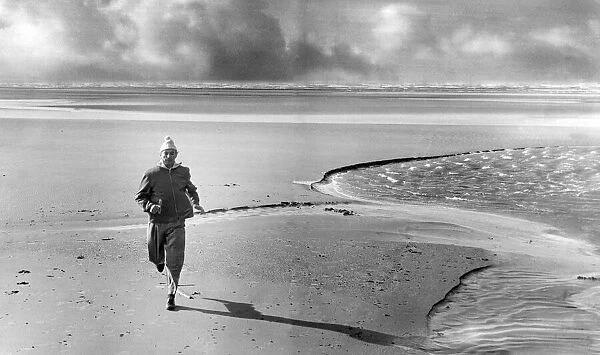 Stanley Matthews seen here training on an expanse of Blackpool Beach, October 1961