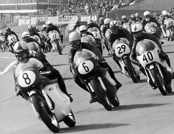 The start of the 251cc to 350cc race at Brands Hatch. The 42 competitors can be seen here