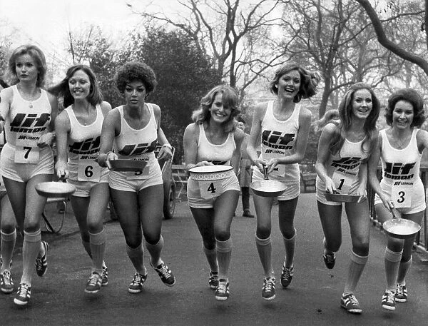 The start of the pancake race I  /  R Caroline Meade, Marilyn Ward, Gay Leary, Pauline Peart