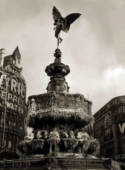 Framed Print : The statue of Eros in London - February 1956 the fountain has frozen over forming