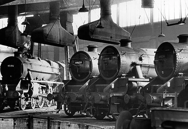Steam locomotive engines standing idle at Saltley sheds near Birmingham, October 1962