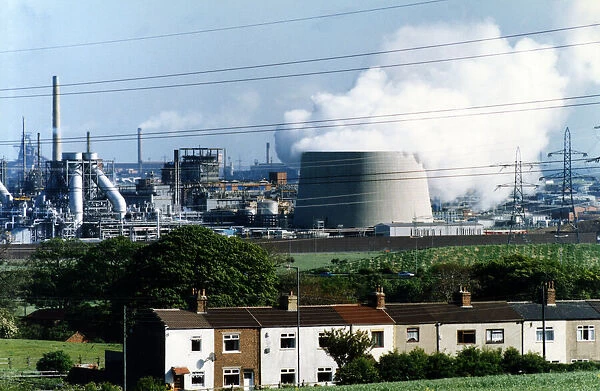 Steam pours out of the new Enron cooling tower billowing towards Redcar. 30th July 1993