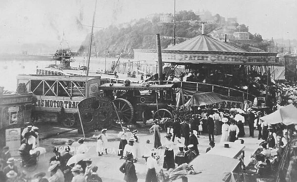 Steam traction engine-driven rides at Torquay regatta Fair during Edwardian times