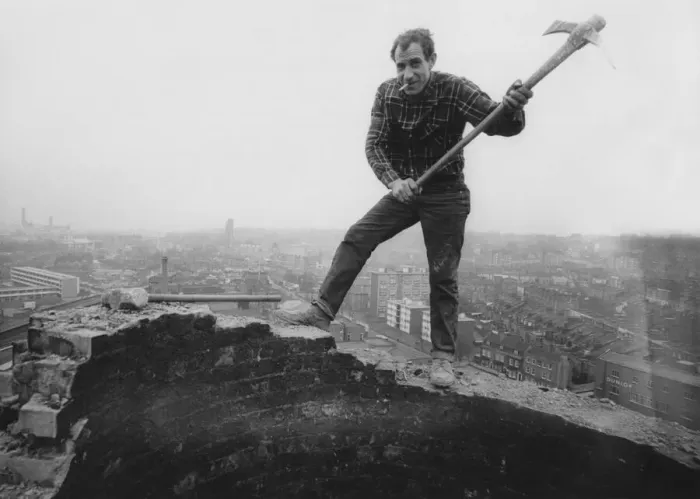 Framed Print : Steeple Jacks: Jim Wilton knocking down the 150ft. Chimney brick by brick Framed Print : Steeple Jacks: Jim Wilton knocking down the 150ft. Chimney brick by brick