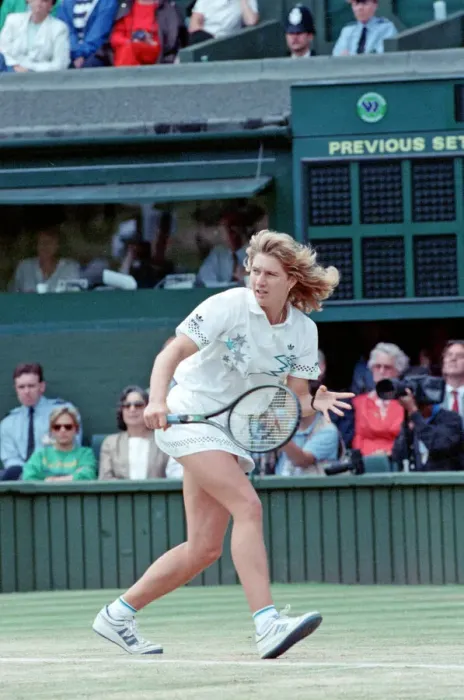 Framed Print : Steffi Graf pictured in action in the Wimbledon Ladies Singles Final on 2nd July 1988 Framed Print : Steffi Graf pictured in action in the Wimbledon Ladies Singles Final on 2nd July 1988