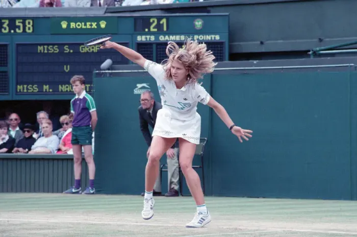 Framed Print : Steffi Graf pictured in action in the Wimbledon Ladies Singles Final on 2nd July 1988 Framed Print : Steffi Graf pictured in action in the Wimbledon Ladies Singles Final on 2nd July 1988
