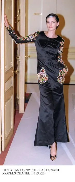 Framed Print : STELLA TENNANT models Chanel in Paris long black dress with coloured stones