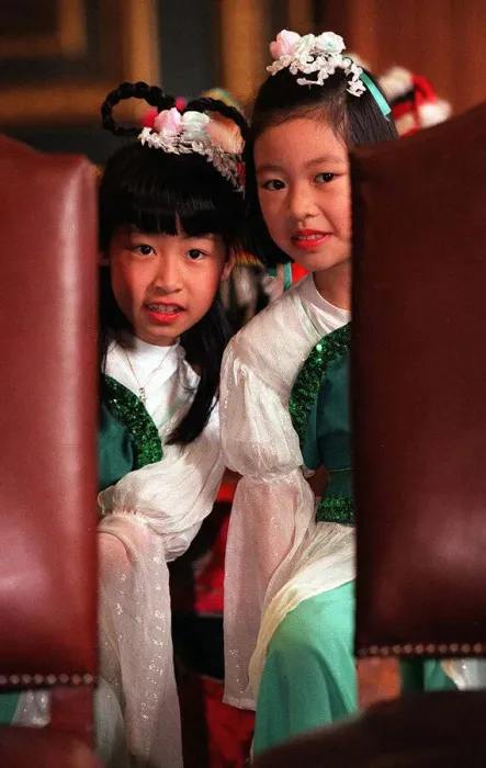 Framed Print : Stephanie Leung and Shirley Tao Chinese girls in traditional costume at preview of Hong Framed Print : Stephanie Leung and Shirley Tao Chinese girls in traditional costume at preview of Hong