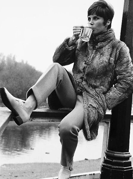 Stephanie Powers Actress sitting on fence drinking from glass
