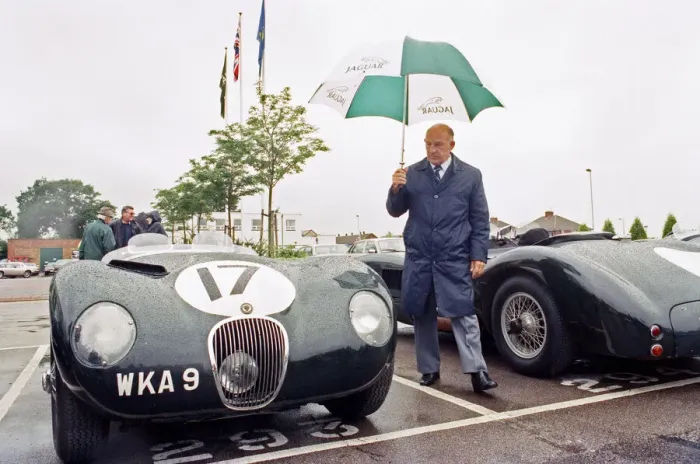Framed Print : Sterling Moss with a C-Type Jaguar which he piloted to Le Mans 40 years ago Framed Print : Sterling Moss with a C-Type Jaguar which he piloted to Le Mans 40 years ago