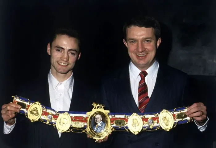 Framed Print : Steve Boyle with boxing promoter Tony Gilmore March 1988