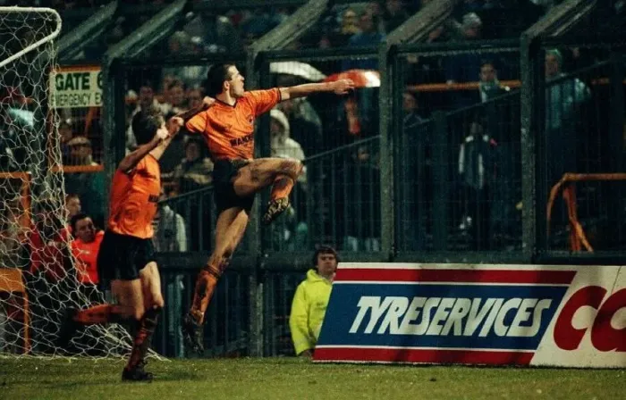 : Steve Bull of Wolves jumps and punches the air 1990 after scoring in the Wolves v : Steve Bull of Wolves jumps and punches the air 1990 after scoring in the Wolves v
