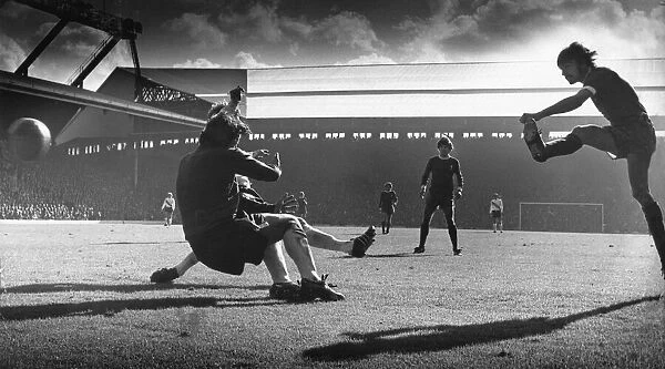 Steve Heighway fires in the third goal for Liverpool during the league match against