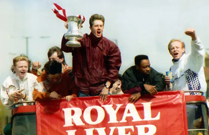 Framed Print : Steve McManaman and Liverpool players on top of bus return to Liverpool after winning Framed Print : Steve McManaman and Liverpool players on top of bus return to Liverpool after winning