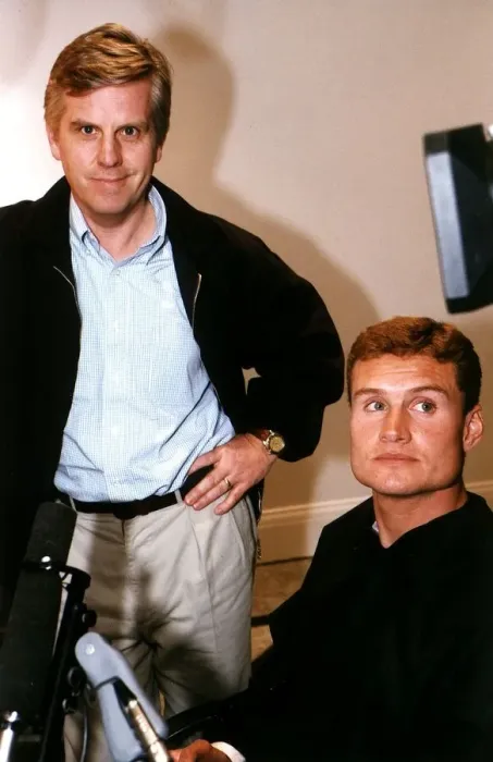 Framed Print : Steve Ryder TV presenter of Grandstand interviews David Coulthard the Formula one driver Framed Print : Steve Ryder TV presenter of Grandstand interviews David Coulthard the Formula one driver