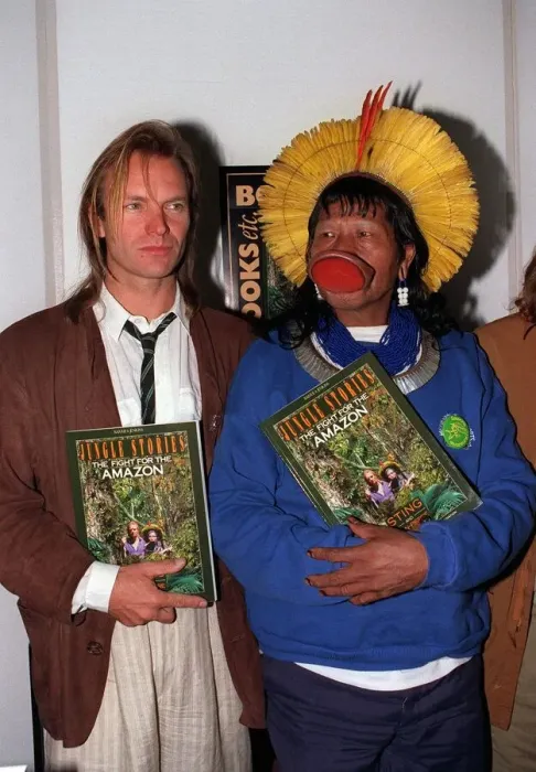 Framed Print : Sting with Raoni a Kayapo Indian Chief April 1989 at news press conference to