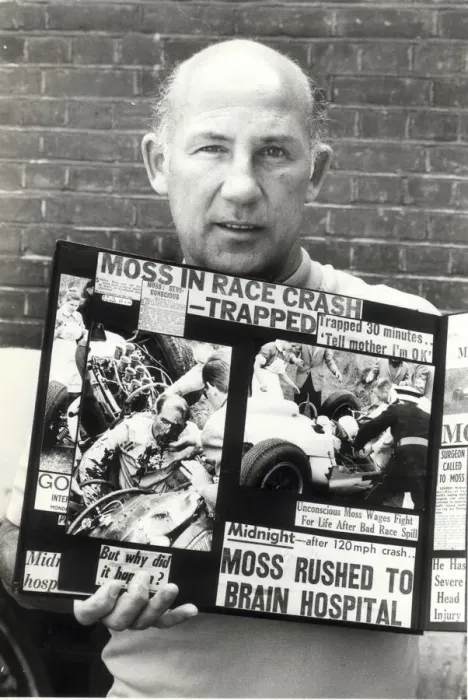 Framed Print : stirling moss with cuttings of his crash aug 1982 -----