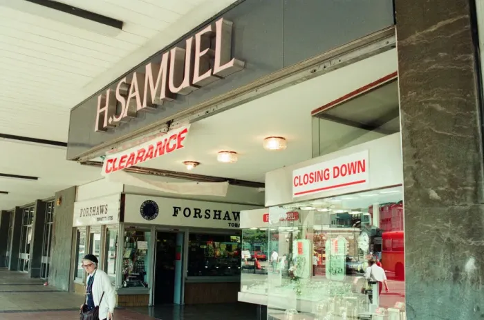 Framed Print : Stockton High Street Shops, 29th June 1993. H Samuel Jewellery Shop