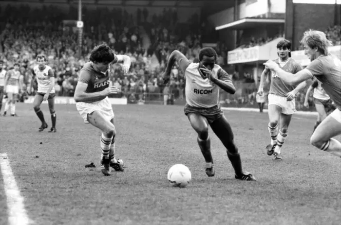 Framed Print : Stoke v. Everton. April 1985 MF21-51a-043 The final score was a two nil victory to Framed Print : Stoke v. Everton. April 1985 MF21-51a-043 The final score was a two nil victory to