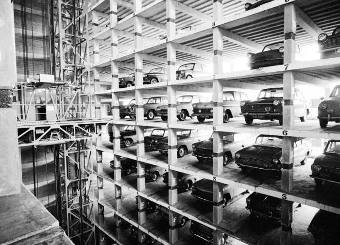 Framed Print : An eleven storey mechanical car park in operation in Shoe Lane
