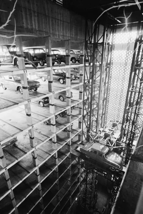 Framed Print : An eleven storey mechanical car park in operation in Shoe Lane
