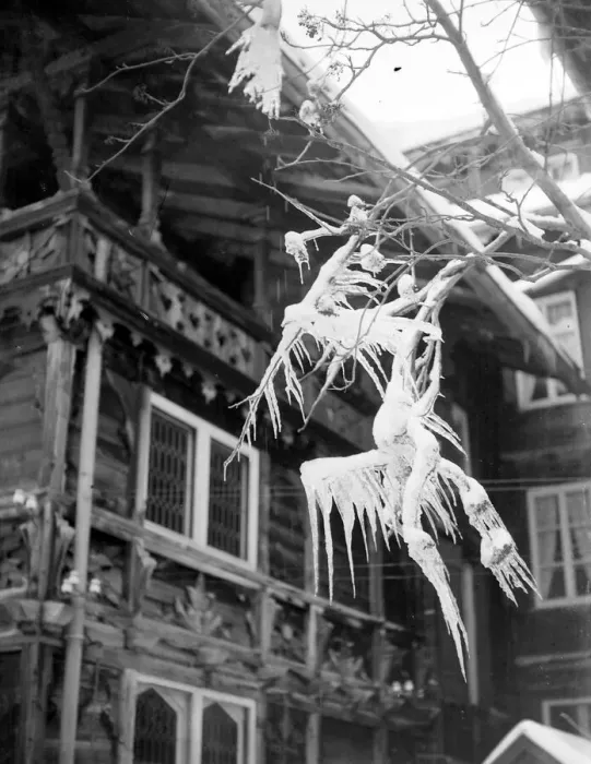 Framed Print : Strange icicle hanging from a building at Murren, Switzerland 1923 Alf 87