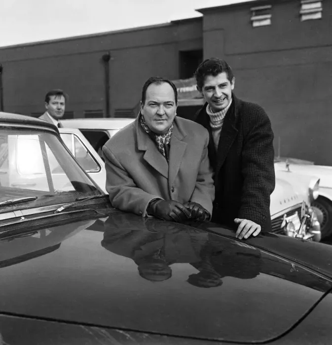 Framed Print : Stratford Johns (left) and James Ellis take part in a showbiz car rally