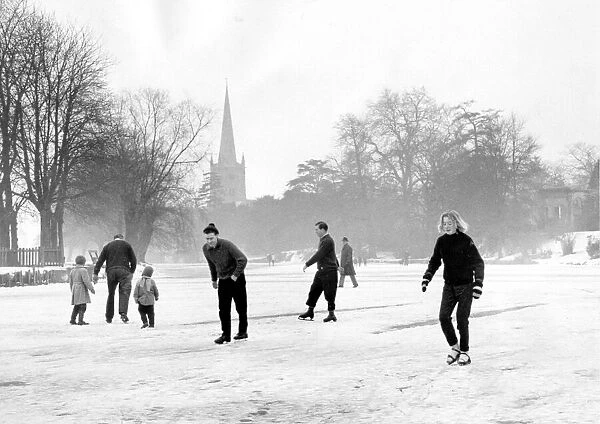 Stratford Parish Church forms part of the backcloth for ice-skaters on the River Avon at