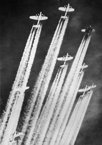 Streaking across the German sky, American B-17 Flying Fortress bombers of the US Eighth