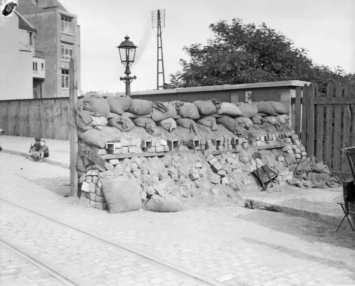 Framed Print : Street barricade made from sacks and bricks set across one of the approach roads to