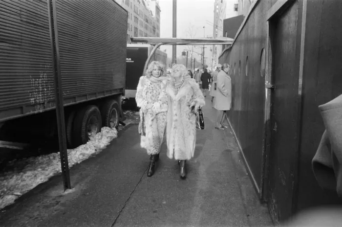 Framed Print : Street scene in New York, two women wearing fur coats walking down the street