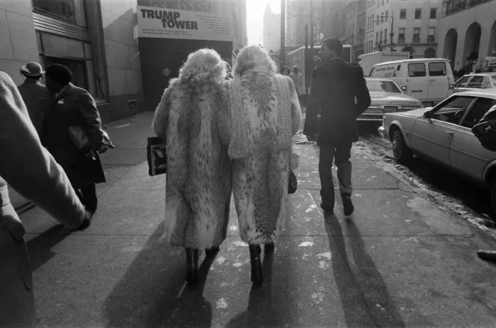 Framed Print : Street scene in New York, two women wearing fur coats walking down the street