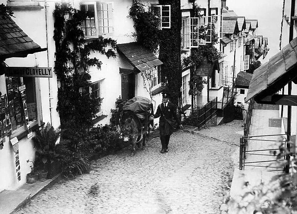 Street scene in the scenic town of Clovelly, North Devon. September 1939