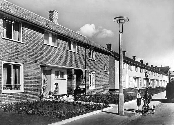 Street scene in Shirdley Walk, Kirkby, Liverpool. July 1958