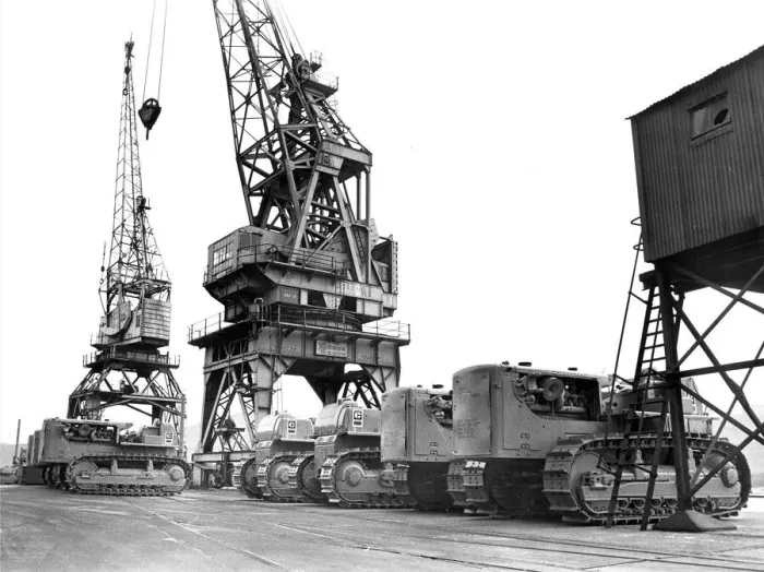 Framed Print : Strike bound tractors and cranes at Newcastle Quayside in 1970 Framed Print : Strike bound tractors and cranes at Newcastle Quayside in 1970