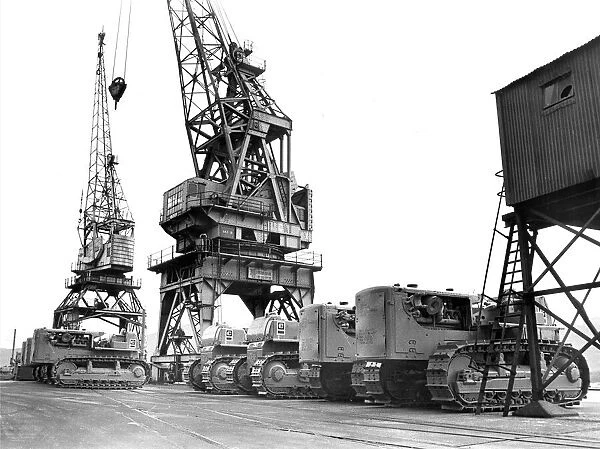 Strike bound tractors and cranes at Newcastle Quayside in 1970
