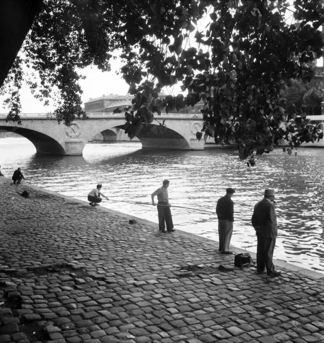Framed Print : Strike: Frenchmen fishing in the River Seine, Paris during the general strike Framed Print : Strike: Frenchmen fishing in the River Seine, Paris during the general strike