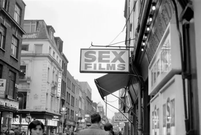 Framed Print : Strip clubs and book shops in Soho. December 1970 70-11636-003 Framed Print : Strip clubs and book shops in Soho. December 1970 70-11636-003
