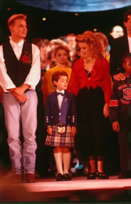 Framed Print : Stuart Anderson April 1989 child Andy Stewart impersonator with Kylie Minogue Framed Print : Stuart Anderson April 1989 child Andy Stewart impersonator with Kylie Minogue
